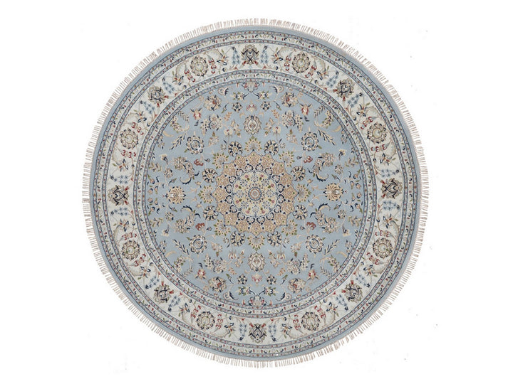 7'9" x 7'9" New Hand Knotted Blue Wool & Silk Round Oriental Rug - MOA10292502