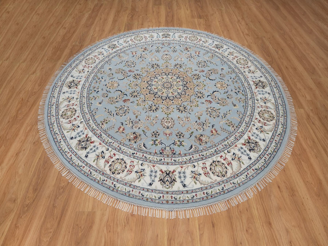 7'9" x 7'9" New Hand Knotted Blue Wool & Silk Round Oriental Rug - MOA10292502