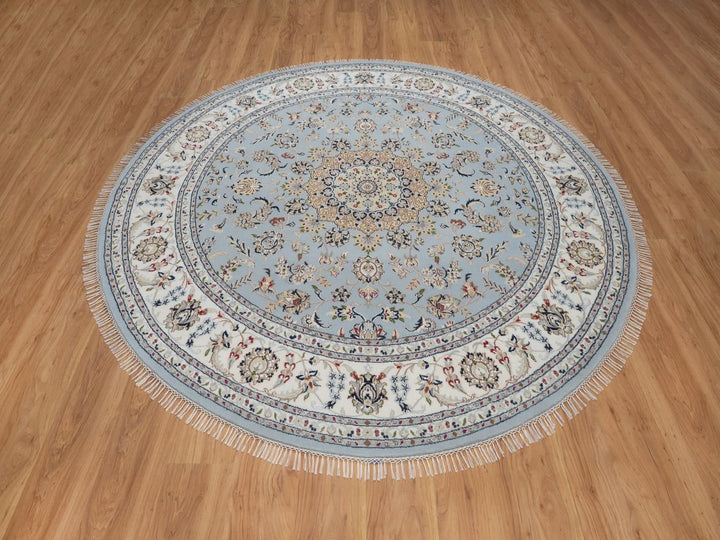7'9" x 7'9" New Hand Knotted Blue Wool & Silk Round Oriental Rug - MOA10292502