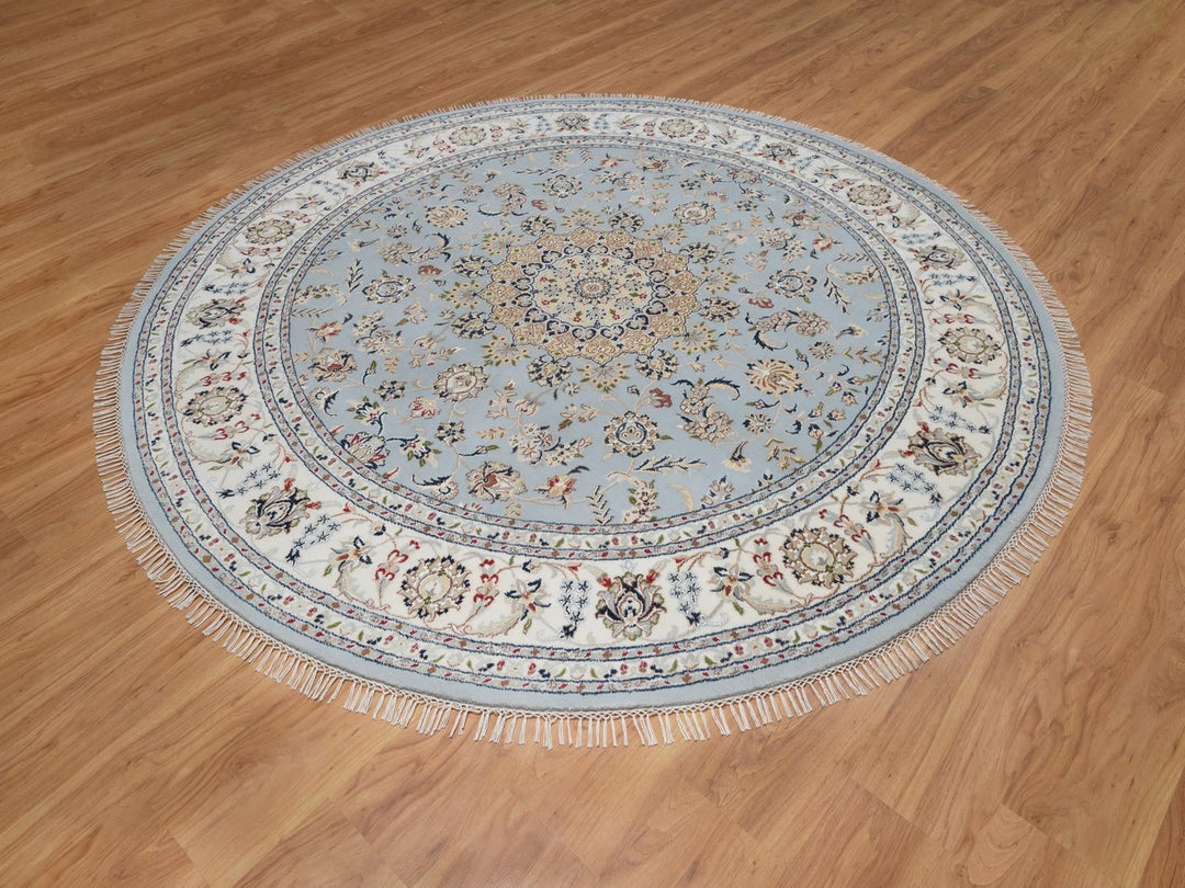 7'9" x 7'9" New Hand Knotted Blue Wool & Silk Round Oriental Rug - MOA10292502