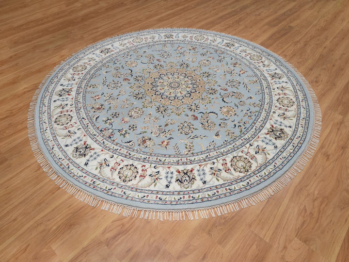 7'9" x 7'9" New Hand Knotted Blue Wool & Silk Round Oriental Rug - MOA10292502