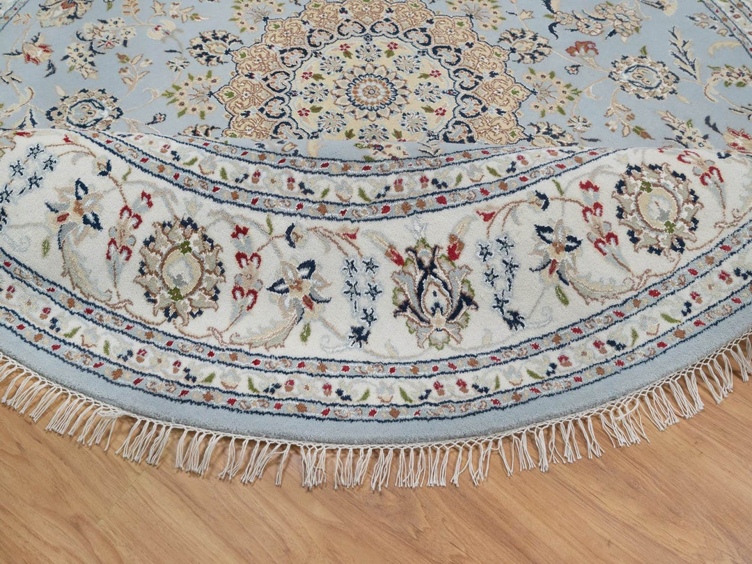 7'9" x 7'9" New Hand Knotted Blue Wool & Silk Round Oriental Rug - MOA10292502