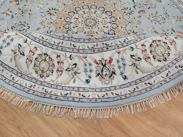 7'9" x 7'9" New Hand Knotted Blue Wool & Silk Round Oriental Rug - MOA10292502