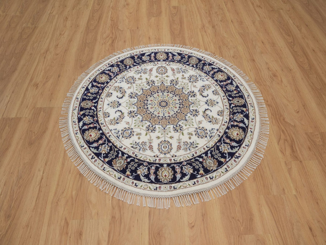 4'2" x 4'2" New Hand Knotted Ivory Wool & Silk Round Oriental Rug - MOA10292505