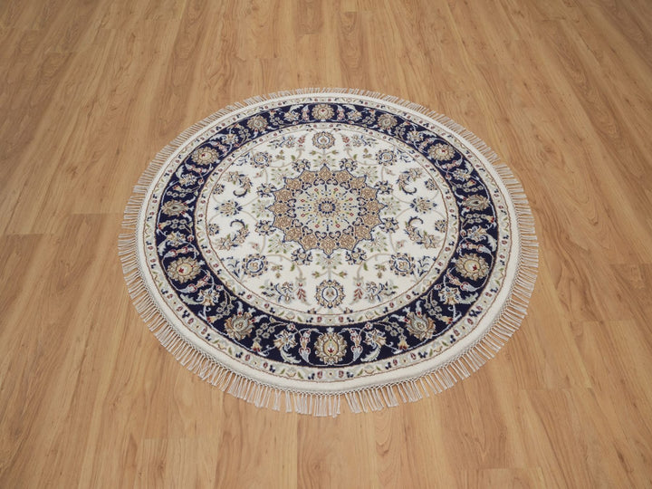 4'2" x 4'2" New Hand Knotted Ivory Wool & Silk Round Oriental Rug - MOA10292505