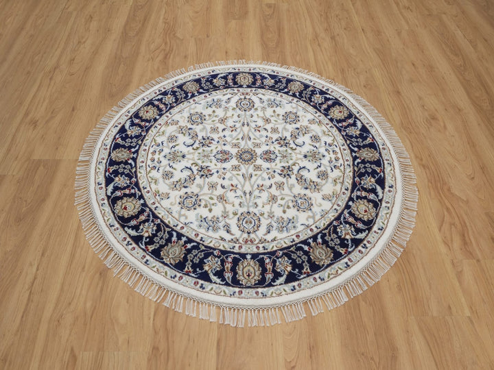4'1" x 4'2" New Hand Knotted Ivory Wool & Silk Round Oriental Rug - MOA10292507