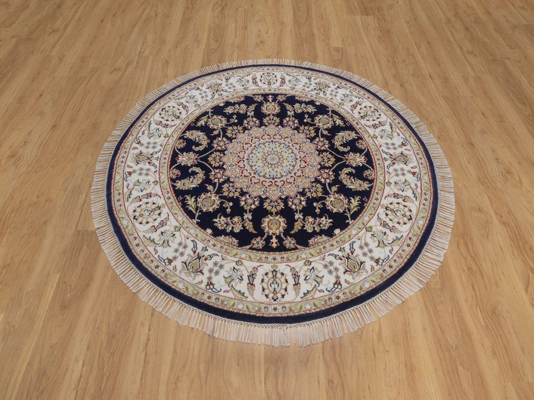 5'1" x 5'2" New Hand Knotted Blue Wool & Silk Round Oriental Rug - MOA10292515