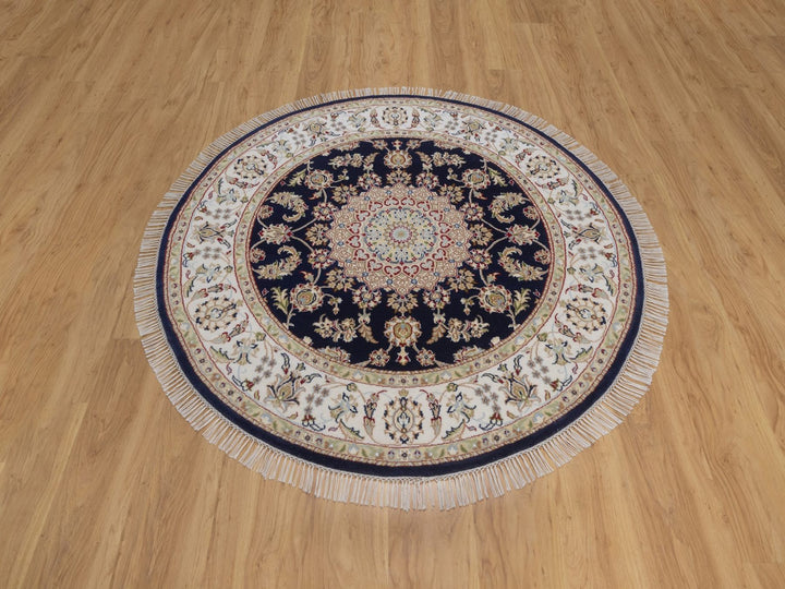 5'1" x 5'2" New Hand Knotted Blue Wool & Silk Round Oriental Rug - MOA10292515