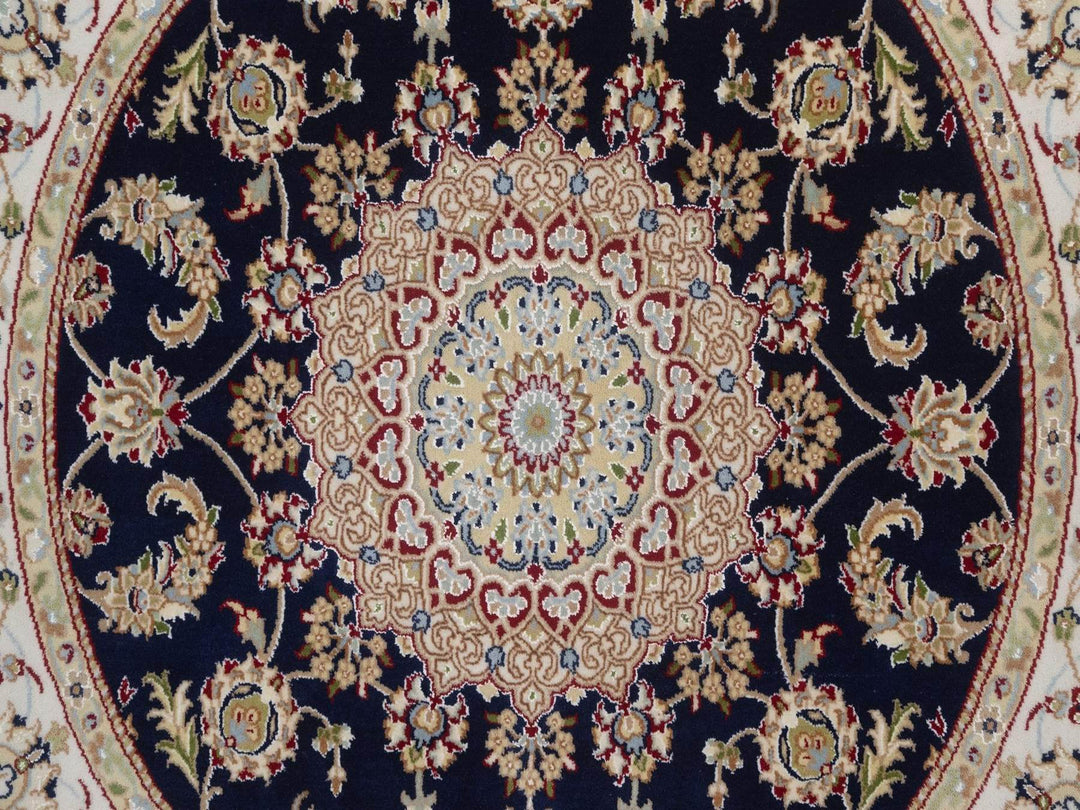 5'1" x 5'2" New Hand Knotted Blue Wool & Silk Round Oriental Rug - MOA10292515