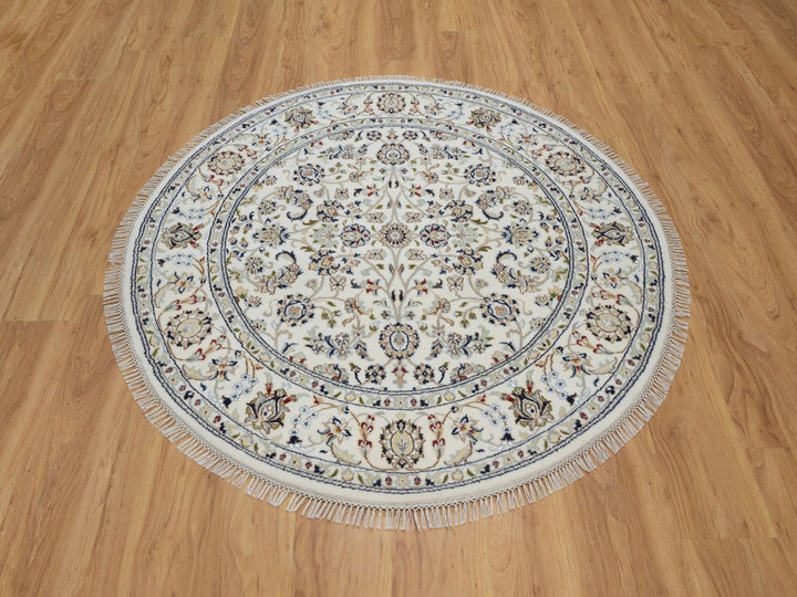 5'0" x 5'1" New Hand Knotted Ivory Wool & Silk Round Oriental Rug - MOA10292516
