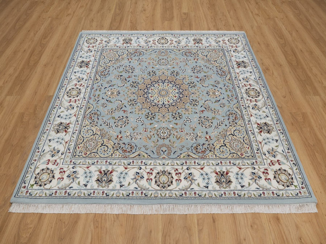 5'10" x 6'0" New Hand Knotted Blue Wool & Silk Square Oriental Rug - MOA10292525
