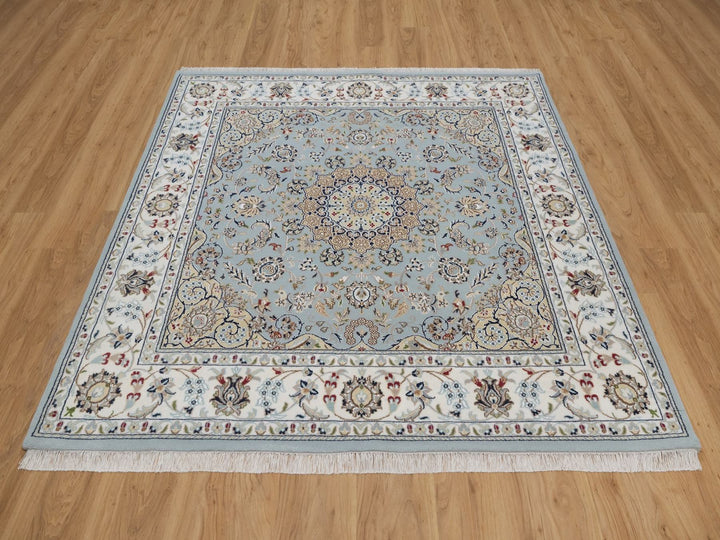 5'10" x 6'0" New Hand Knotted Blue Wool & Silk Square Oriental Rug - MOA10292525