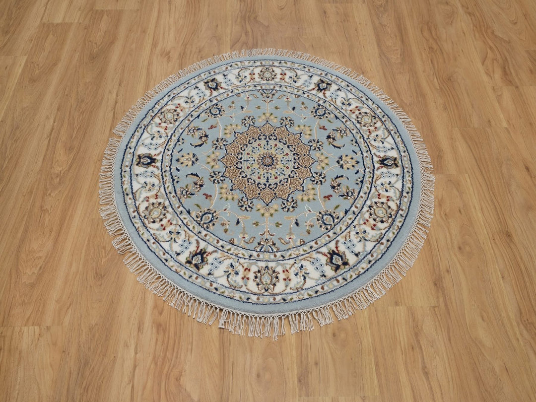 3'3" x 3'3" New Hand Knotted Blue Wool & Silk Round Oriental Rug - MOA10292535