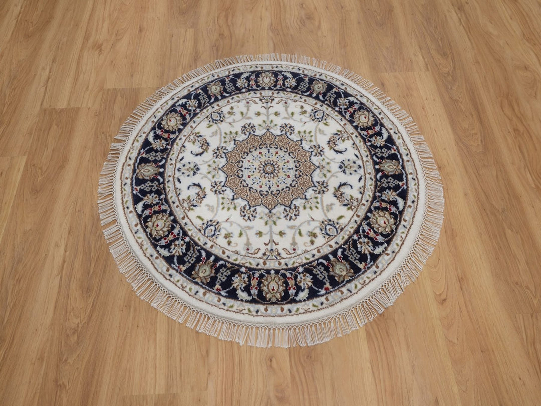 3'1" x 3'1" New Hand Knotted Ivory Wool & Silk Round Oriental Rug - MOA10292536
