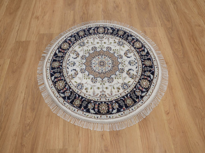 3'1" x 3'1" New Hand Knotted Ivory Wool & Silk Round Oriental Rug - MOA10292536