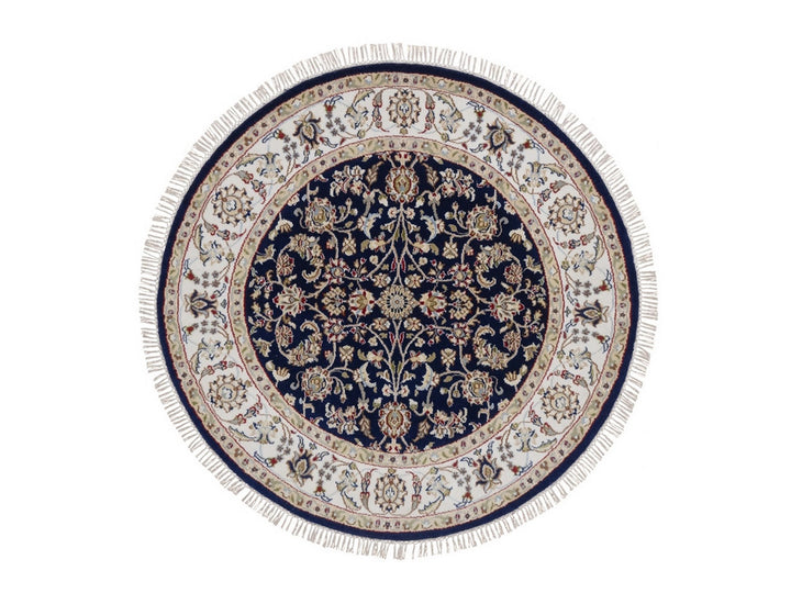 4'4" x 4'4" New Hand Knotted Blue Wool & Silk Round Oriental Rug - MOA10292538