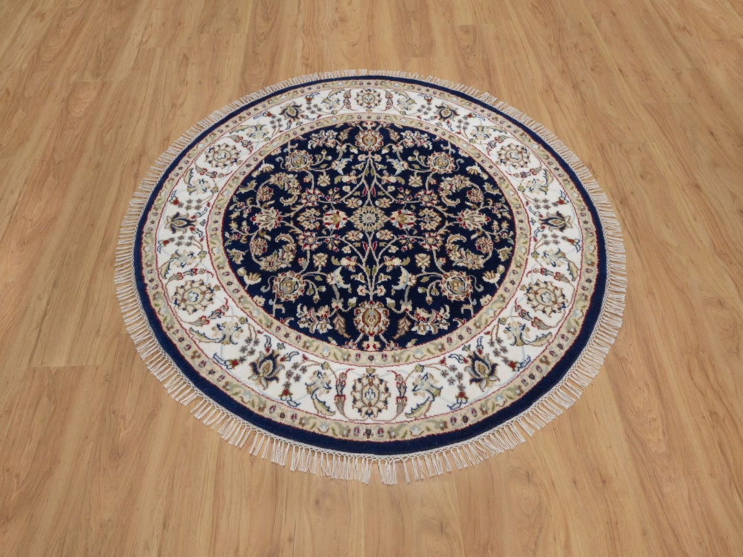 4'4" x 4'4" New Hand Knotted Blue Wool & Silk Round Oriental Rug - MOA10292538