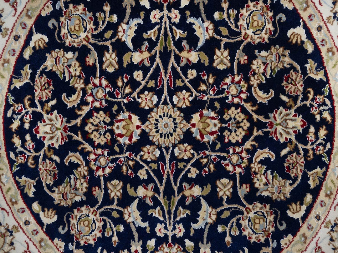 4'4" x 4'4" New Hand Knotted Blue Wool & Silk Round Oriental Rug - MOA10292538