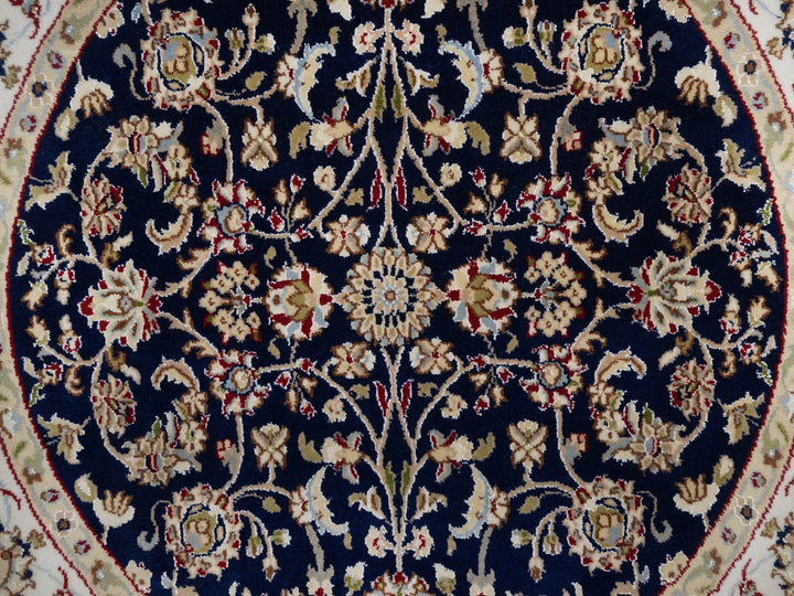 4'4" x 4'4" New Hand Knotted Blue Wool & Silk Round Oriental Rug - MOA10292538