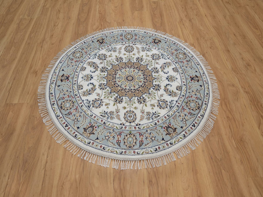 4'3" x 4'3" New Hand Knotted Ivory Wool & Silk Round Oriental Rug - MOA10292539