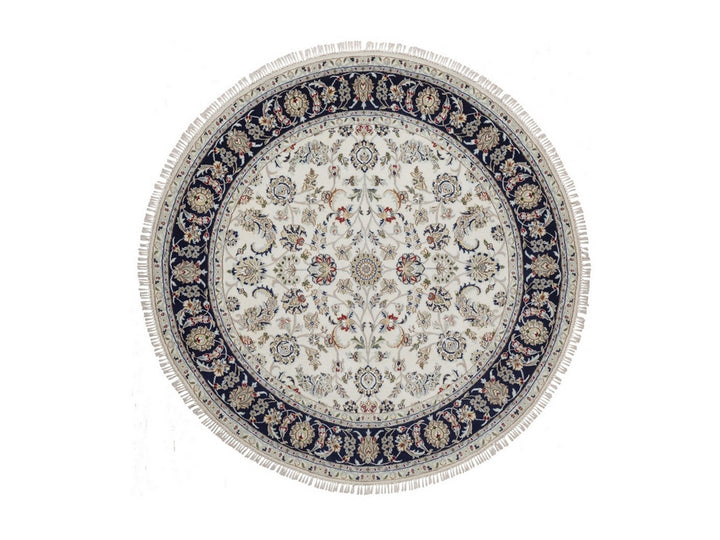6'1" x 6'1" New Hand Knotted Ivory Wool & Silk Round Oriental Rug - MOA10292540