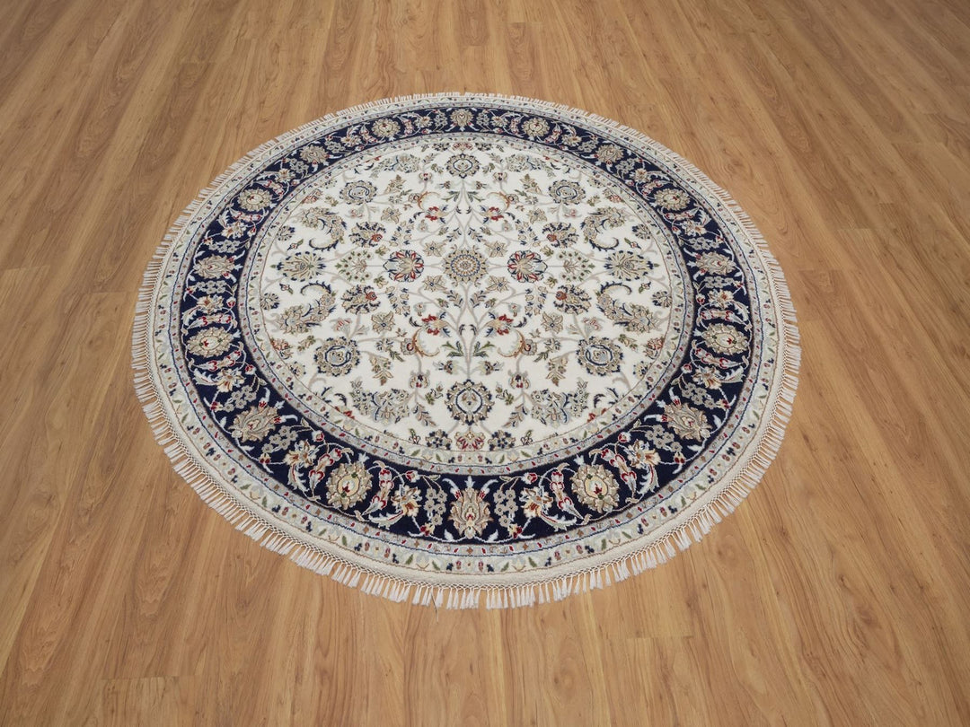 6'1" x 6'1" New Hand Knotted Ivory Wool & Silk Round Oriental Rug - MOA10292540