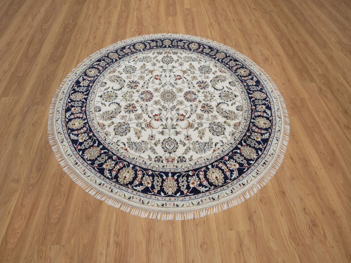 6'1" x 6'1" New Hand Knotted Ivory Wool & Silk Round Oriental Rug - MOA10292540