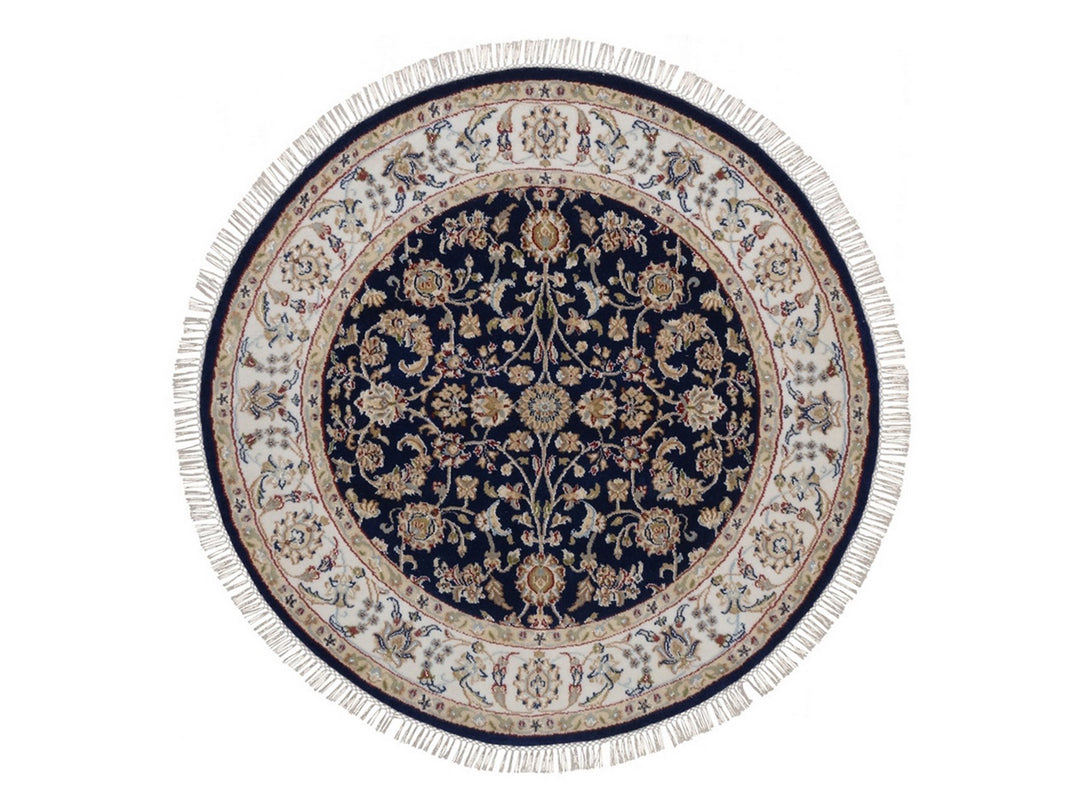 4'3" x 4'4" New Hand Knotted Blue Wool & Silk Round Oriental Rug - MOA10292544