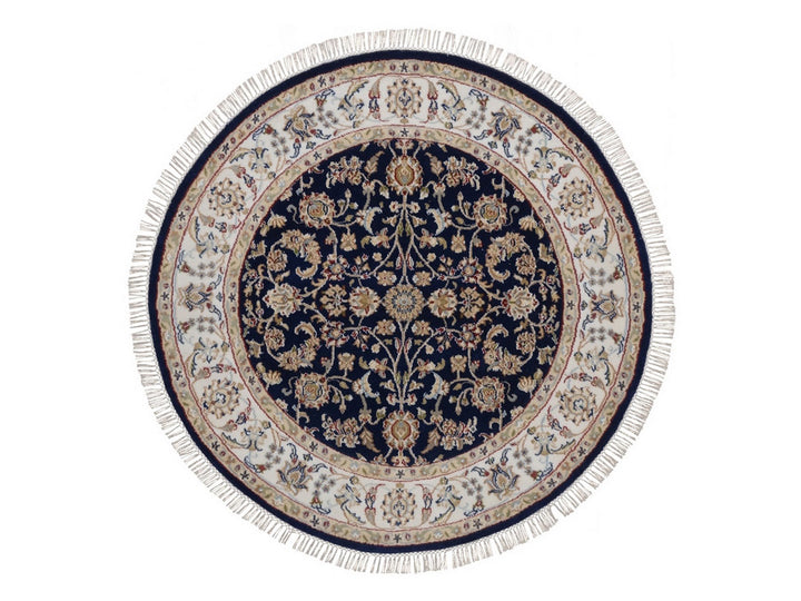 4'3" x 4'4" New Hand Knotted Blue Wool & Silk Round Oriental Rug - MOA10292544