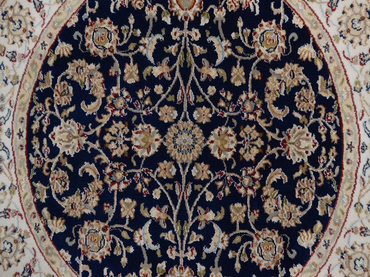 4'3" x 4'4" New Hand Knotted Blue Wool & Silk Round Oriental Rug - MOA10292544