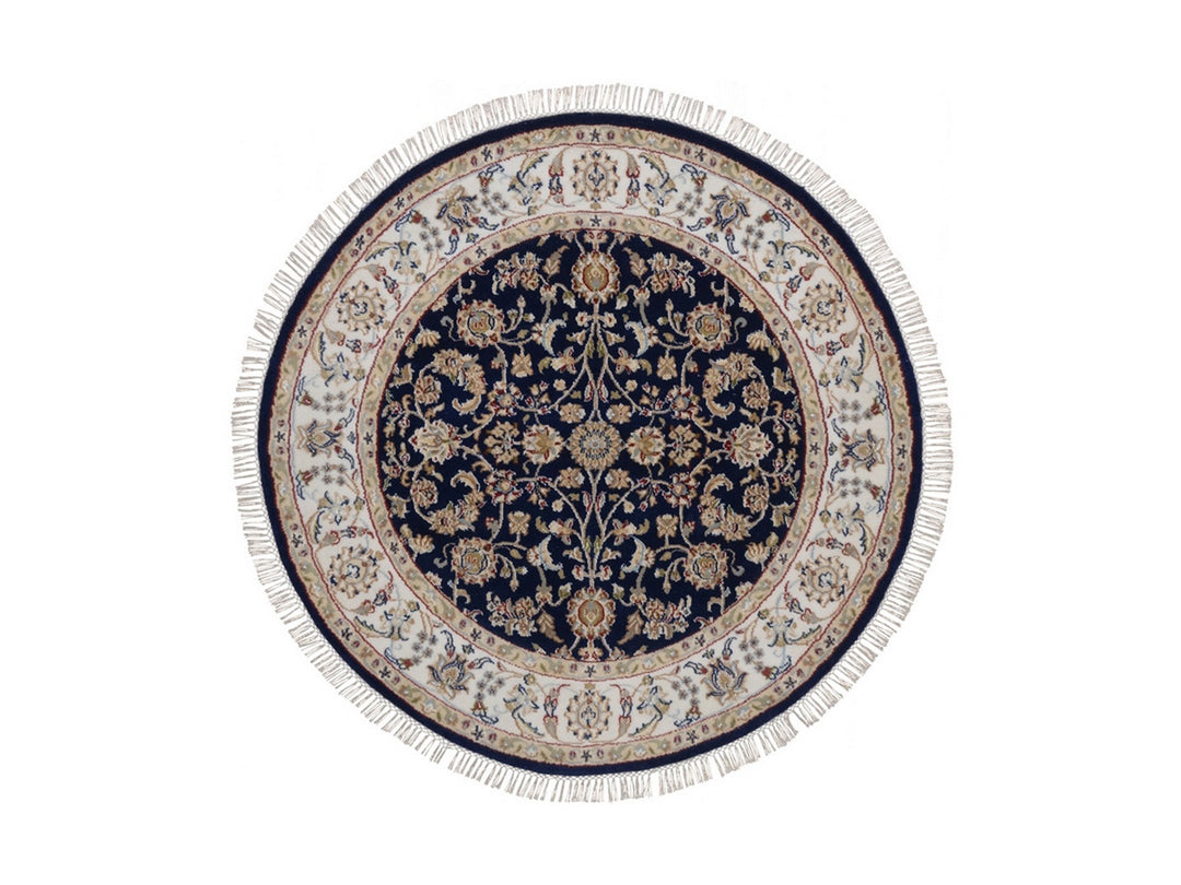 4'3" x 4'3" New Hand Knotted Blue Wool & Silk Round Oriental Rug - MOA10292545