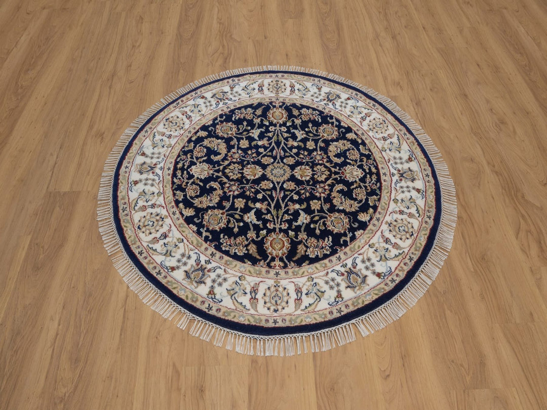 4'3" x 4'3" New Hand Knotted Blue Wool & Silk Round Oriental Rug - MOA10292545