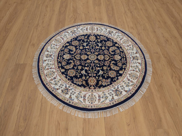 4'3" x 4'3" New Hand Knotted Blue Wool & Silk Round Oriental Rug - MOA10292545