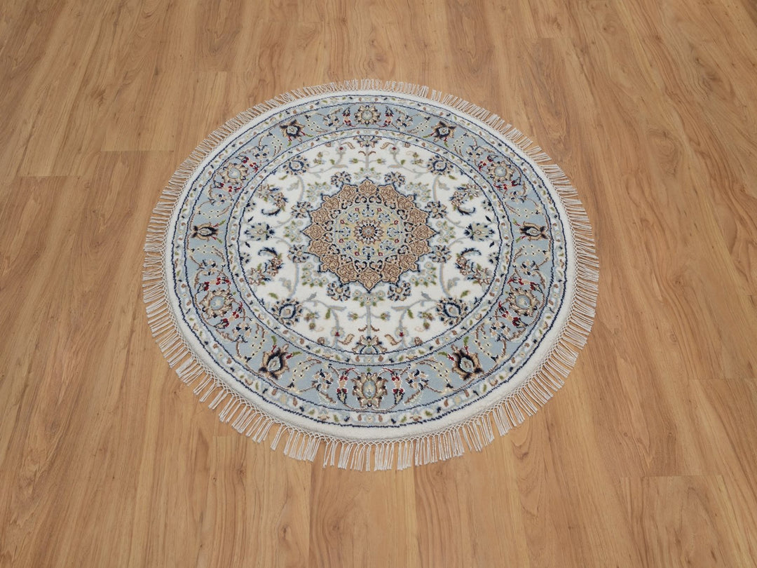 3'3" x 3'3" New Hand Knotted Ivory Wool & Silk Round Oriental Rug - MOA10292546
