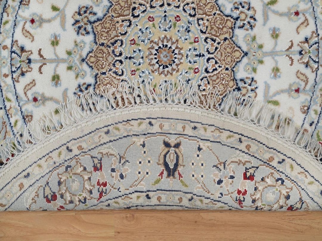 3'3" x 3'3" New Hand Knotted Ivory Wool & Silk Round Oriental Rug - MOA10292546