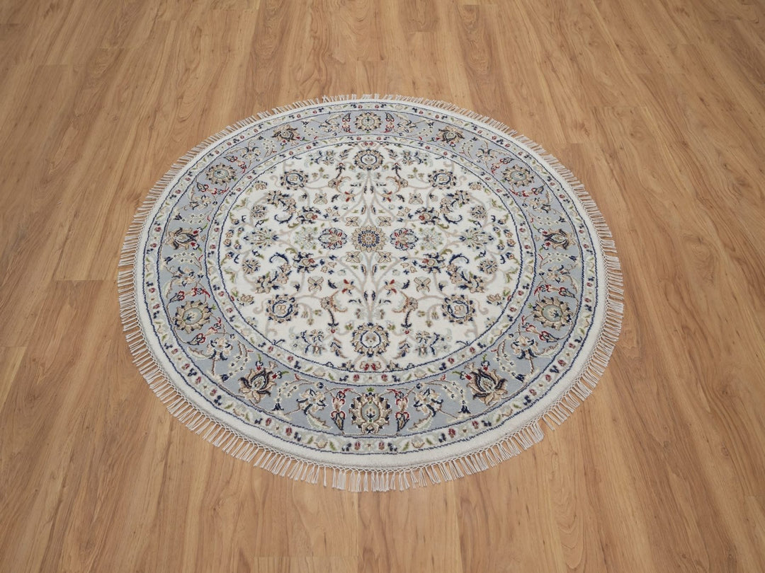 4'1" x 4'1" New Hand Knotted Ivory Wool & Silk Round Oriental Rug - MOA10292548