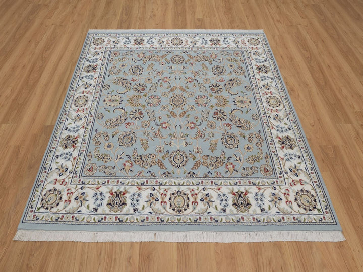 5'10" x 6'1" New Hand Knotted Blue Wool & Silk Square Oriental Rug - MOA10292549