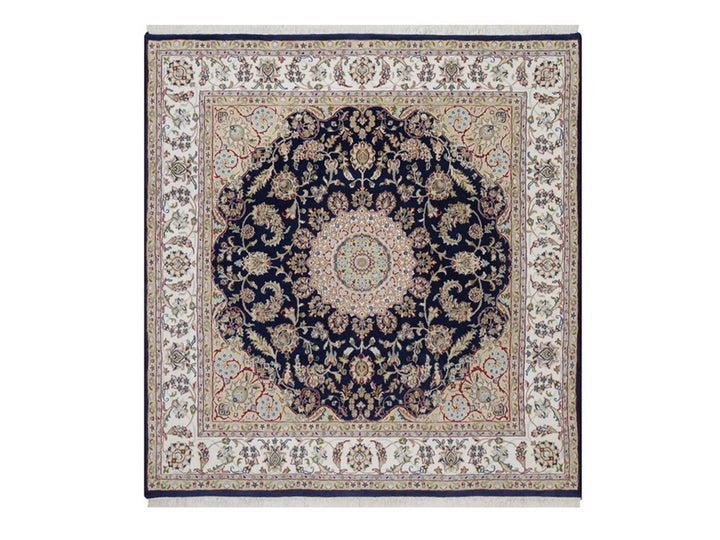 6'4" x 6'8" New Hand Knotted Blue Wool & Silk Square Oriental Rug - MOA10292551