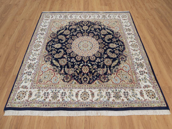 6'4" x 6'8" New Hand Knotted Blue Wool & Silk Square Oriental Rug - MOA10292551