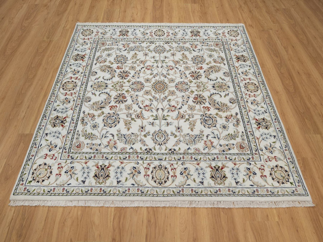 6'0" x 6'3" New Hand Knotted Ivory Wool & Silk Square Oriental Rug - MOA10292552