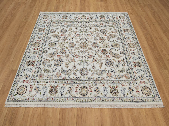 6'0" x 6'3" New Hand Knotted Ivory Wool & Silk Square Oriental Rug - MOA10292552