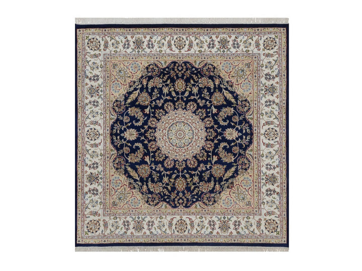 6'5" x 6'8" New Hand Knotted Blue Wool & Silk Square Oriental Rug - MOA10292553