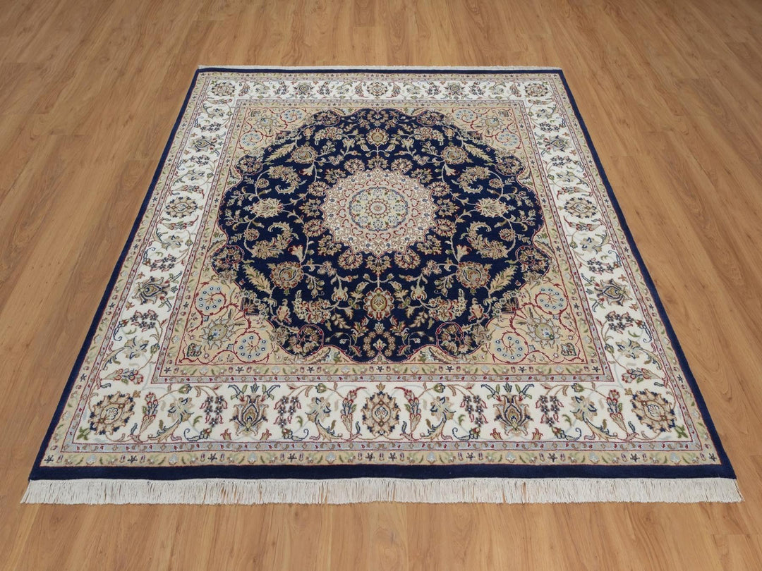 6'5" x 6'8" New Hand Knotted Blue Wool & Silk Square Oriental Rug - MOA10292553