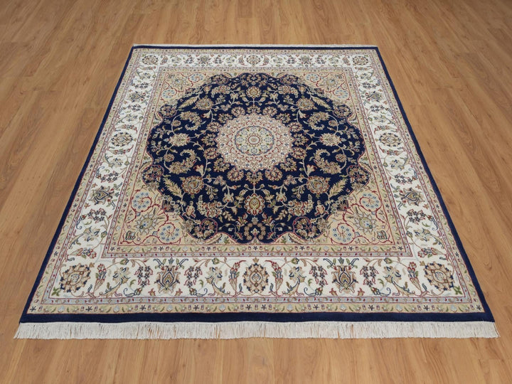 6'5" x 6'8" New Hand Knotted Blue Wool & Silk Square Oriental Rug - MOA10292553