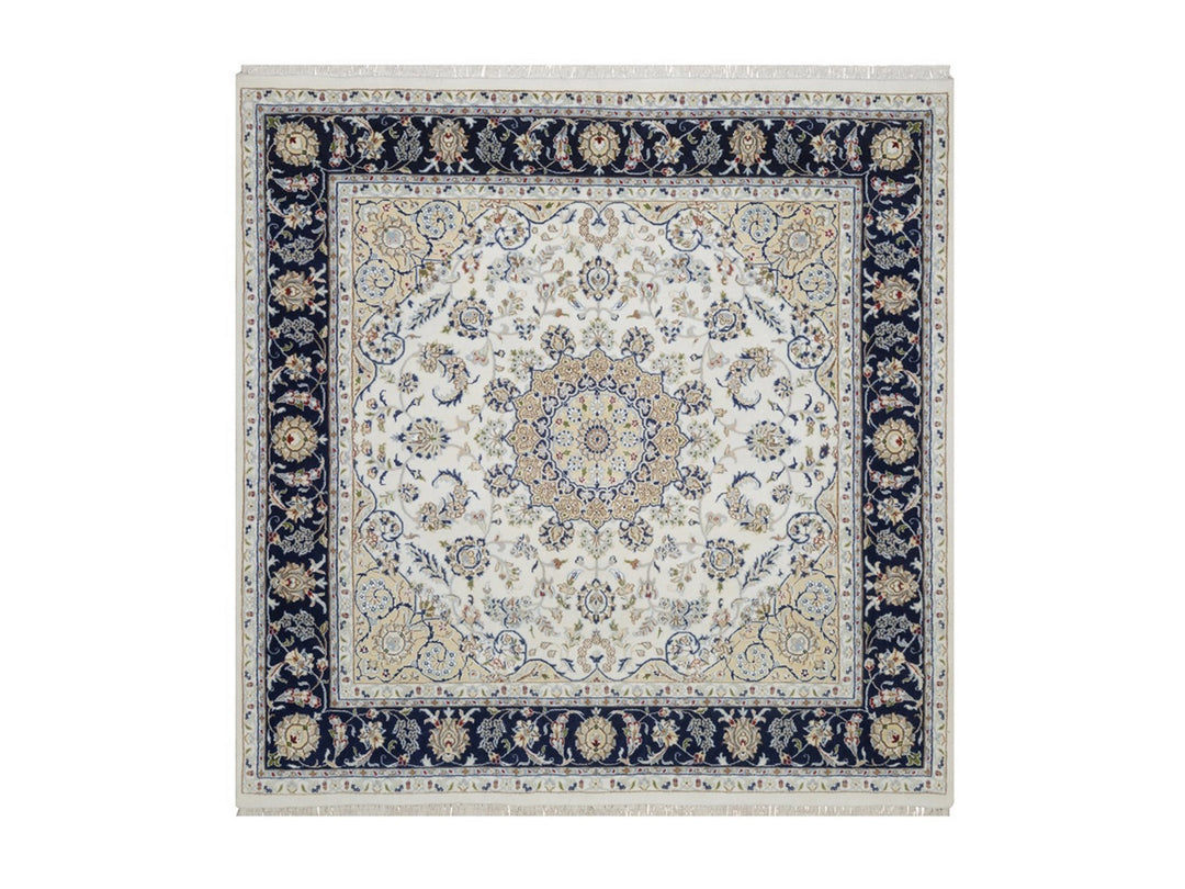 6'6" x 6'6" New Hand Knotted Ivory Wool & Silk Square Oriental Rug - MOA10292554