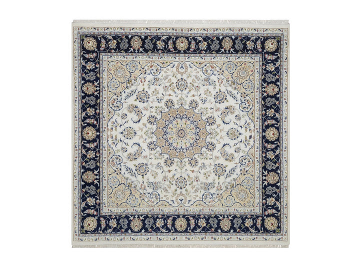 6'6" x 6'6" New Hand Knotted Ivory Wool & Silk Square Oriental Rug - MOA10292554