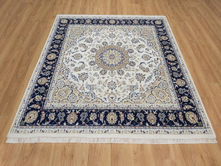 6'6" x 6'6" New Hand Knotted Ivory Wool & Silk Square Oriental Rug - MOA10292554