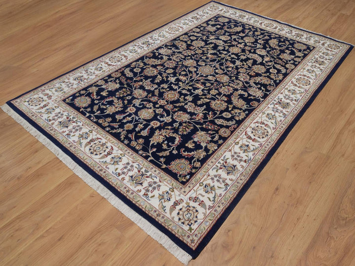 6'0" x 9'5" New Hand Knotted Blue Wool & Silk Rectangle Oriental Rug - MOA10292555