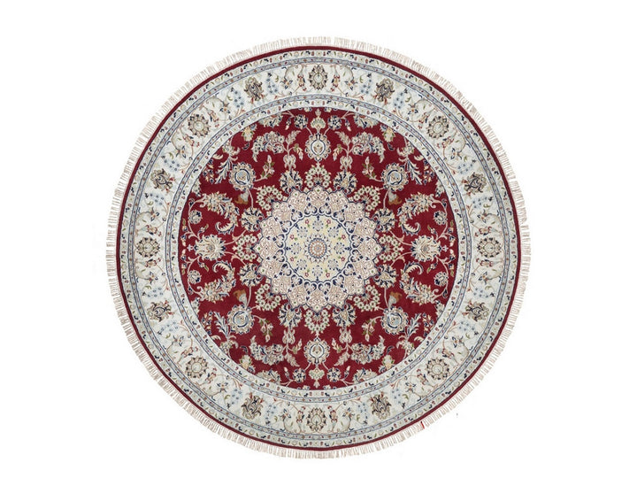 7'0" x 7'0" New Hand Knotted Red Wool & Silk Round Oriental Rug - MOA10292556