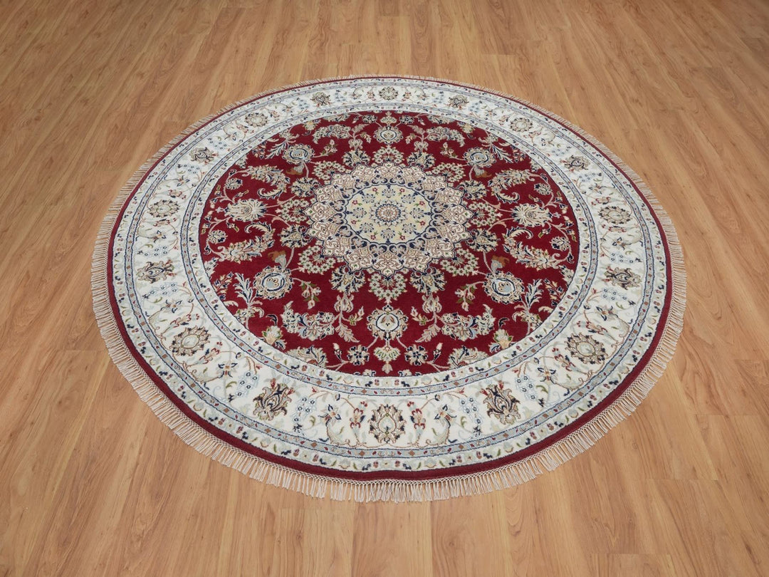 7'0" x 7'0" New Hand Knotted Red Wool & Silk Round Oriental Rug - MOA10292556